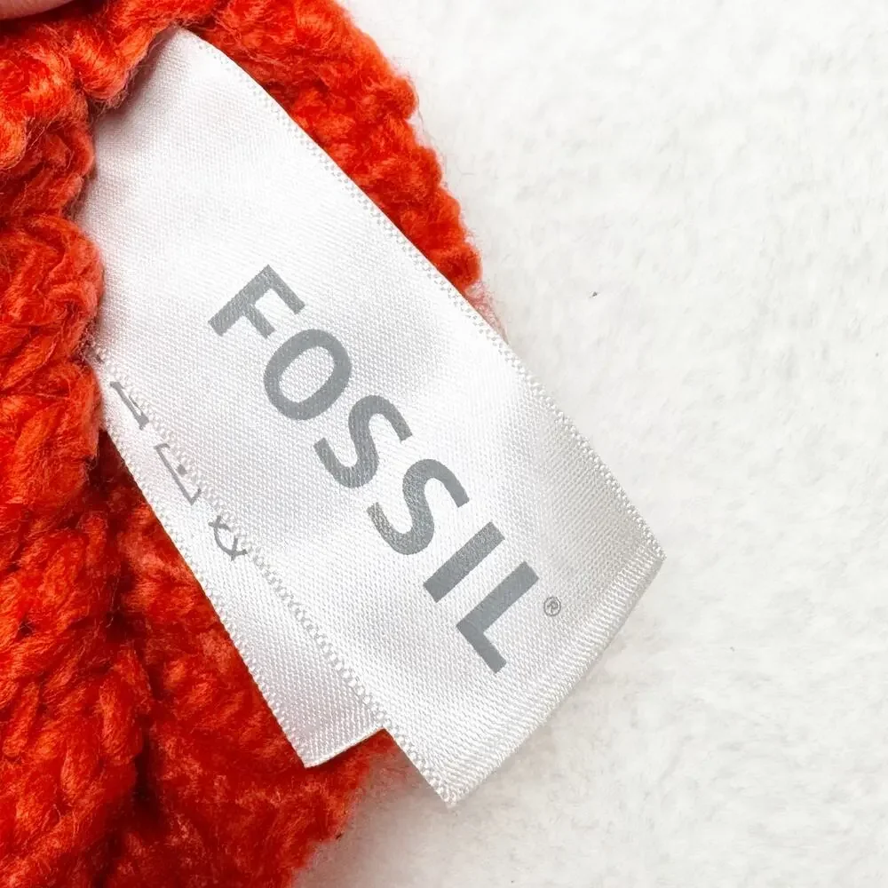 FOSSIL Orange Winter Knit Pom-pom Hat & Gloves Matching Cold Weather Set
